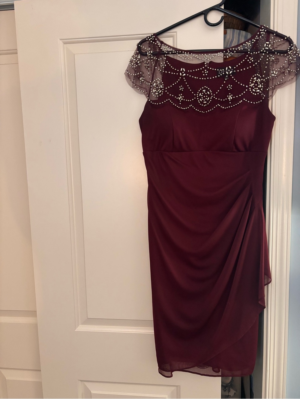 Beaded Illusion Yoke Midi Dress in Burgundy